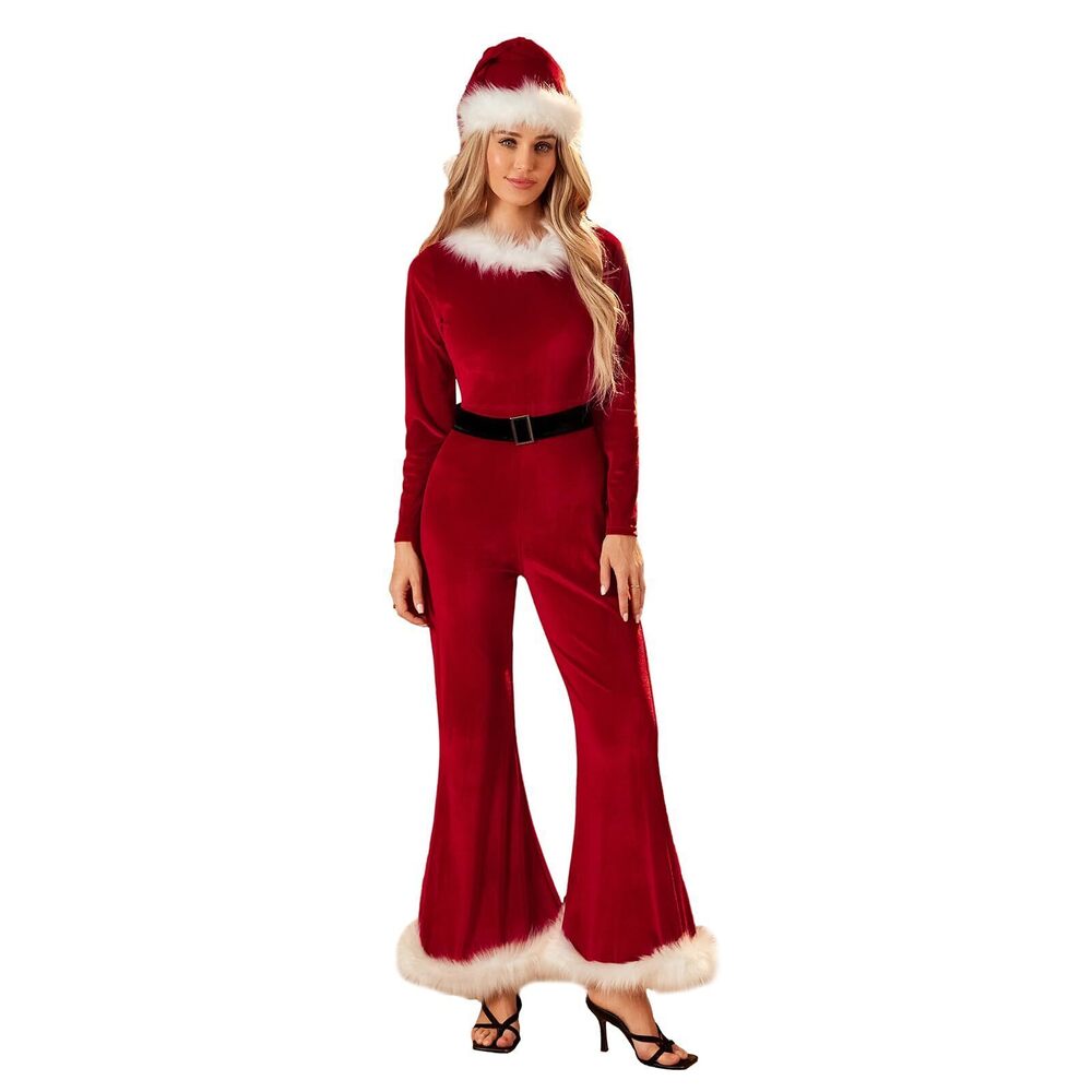 9184 Christmas Jumpsuit Santa Claus Costume Long Sleeve Flared Jumpsuit
